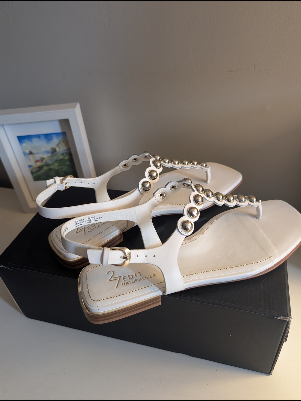 Naturalizer Zedit White Embellished T-Strap Sandals